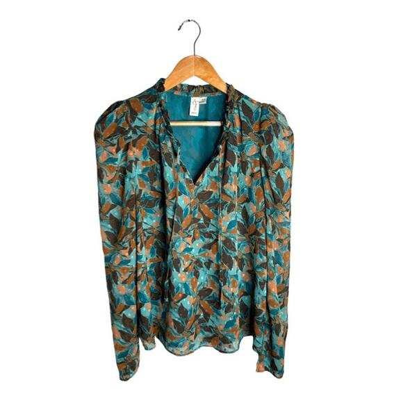 Joie Blouse Fall Leaves Long Sleeve Green Swiss Dots Size Medium Lined Foliage - Picture 3 of 9